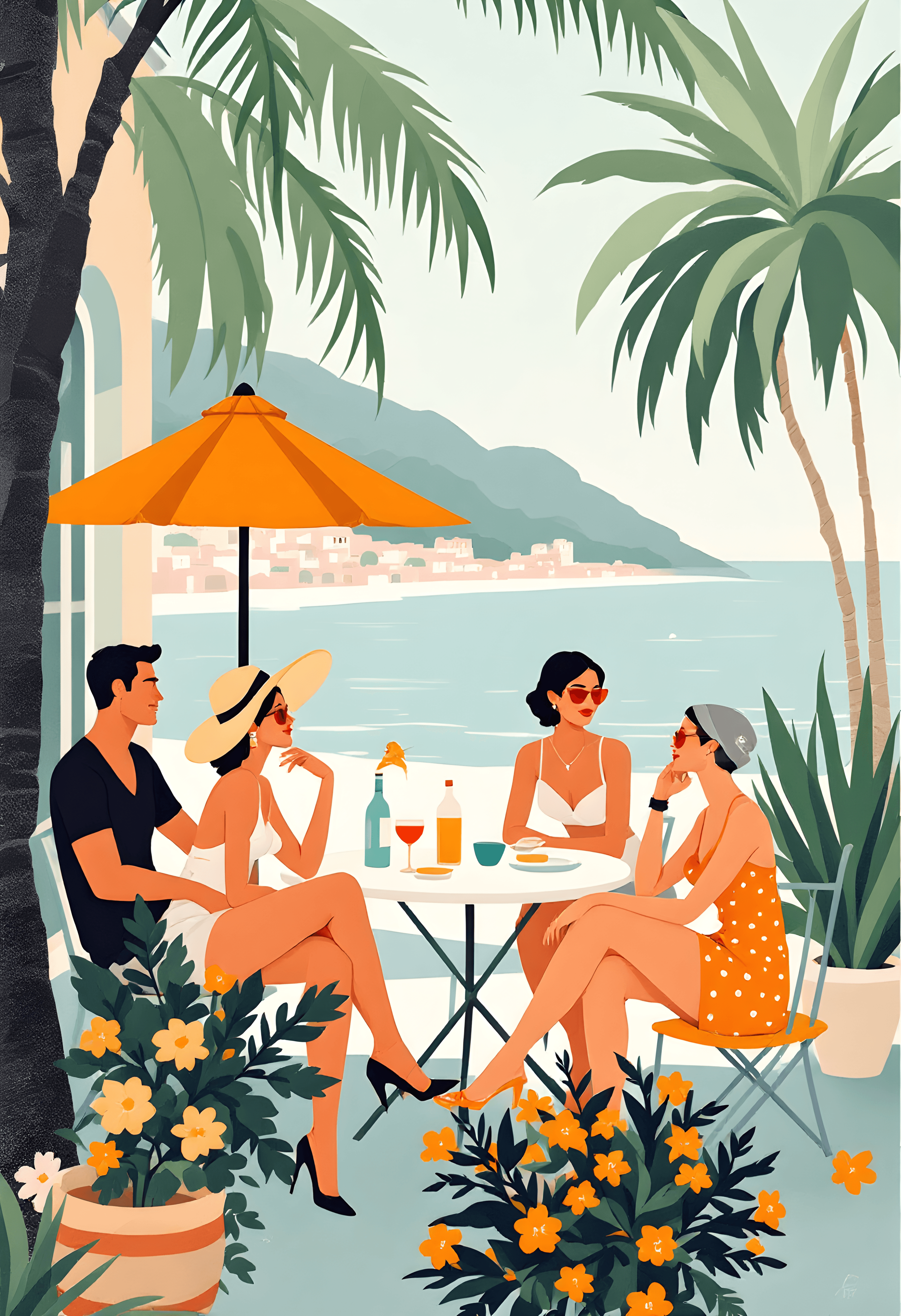 1950s Italian travel or leisure poster, figures at