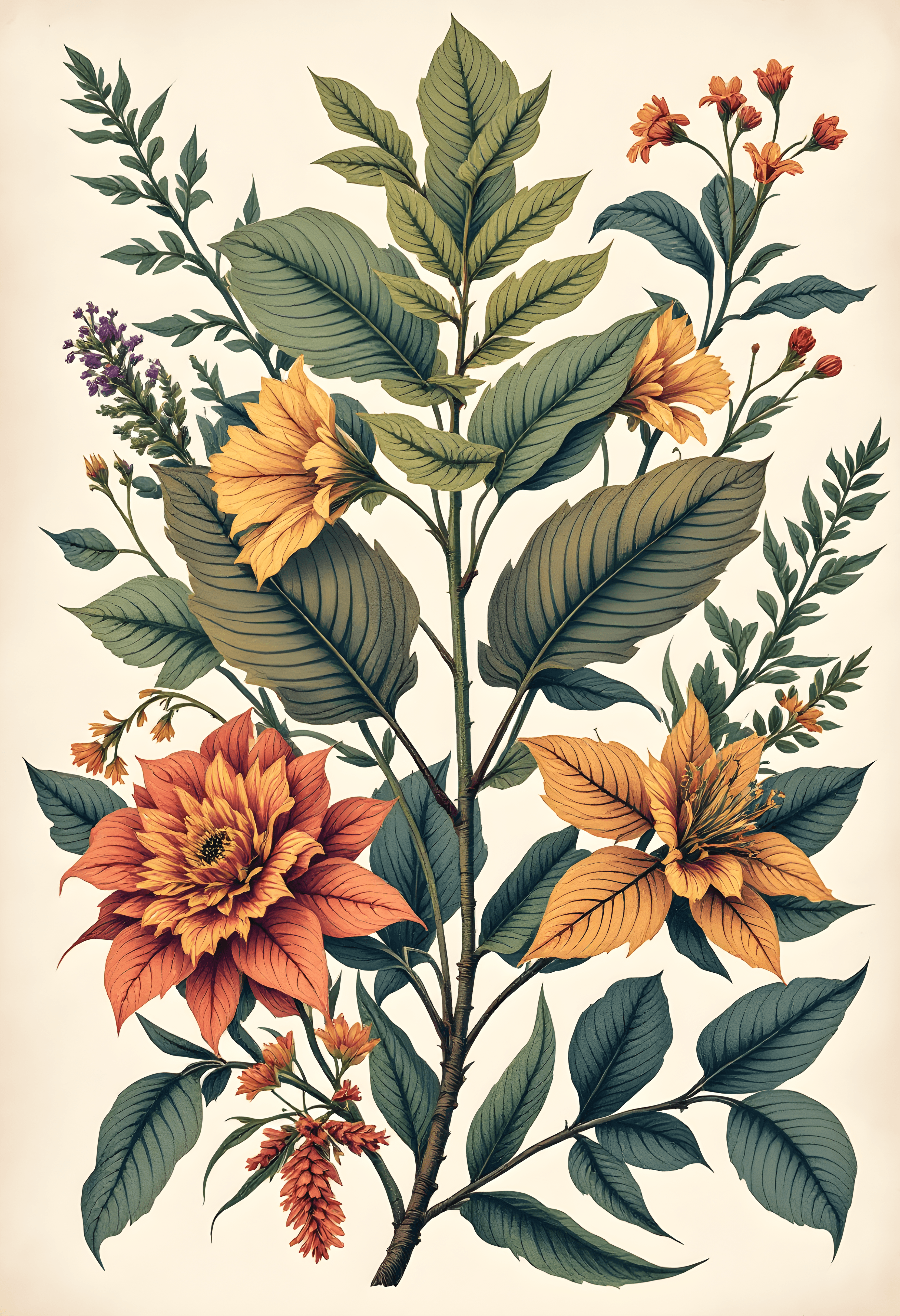 Vintage botanical illustration of exotic plants