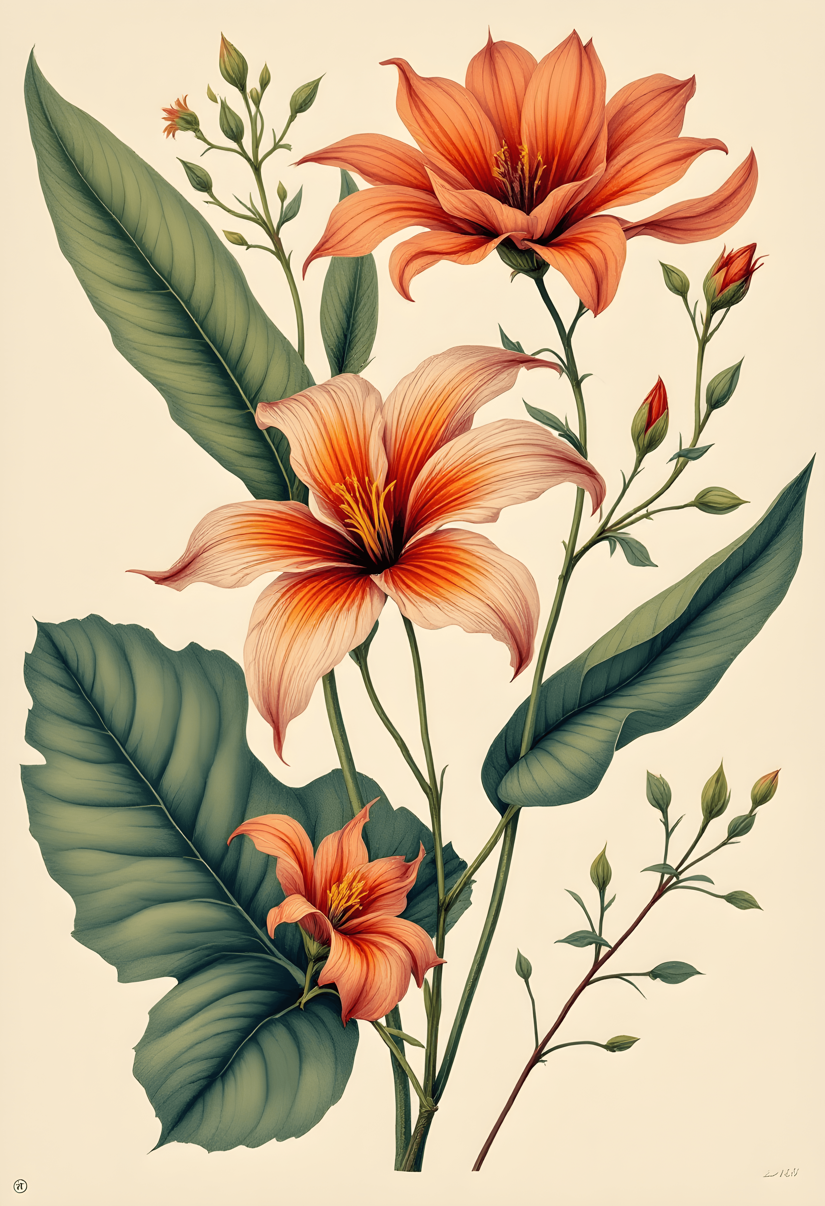 Vintage botanical illustration of exotic plants