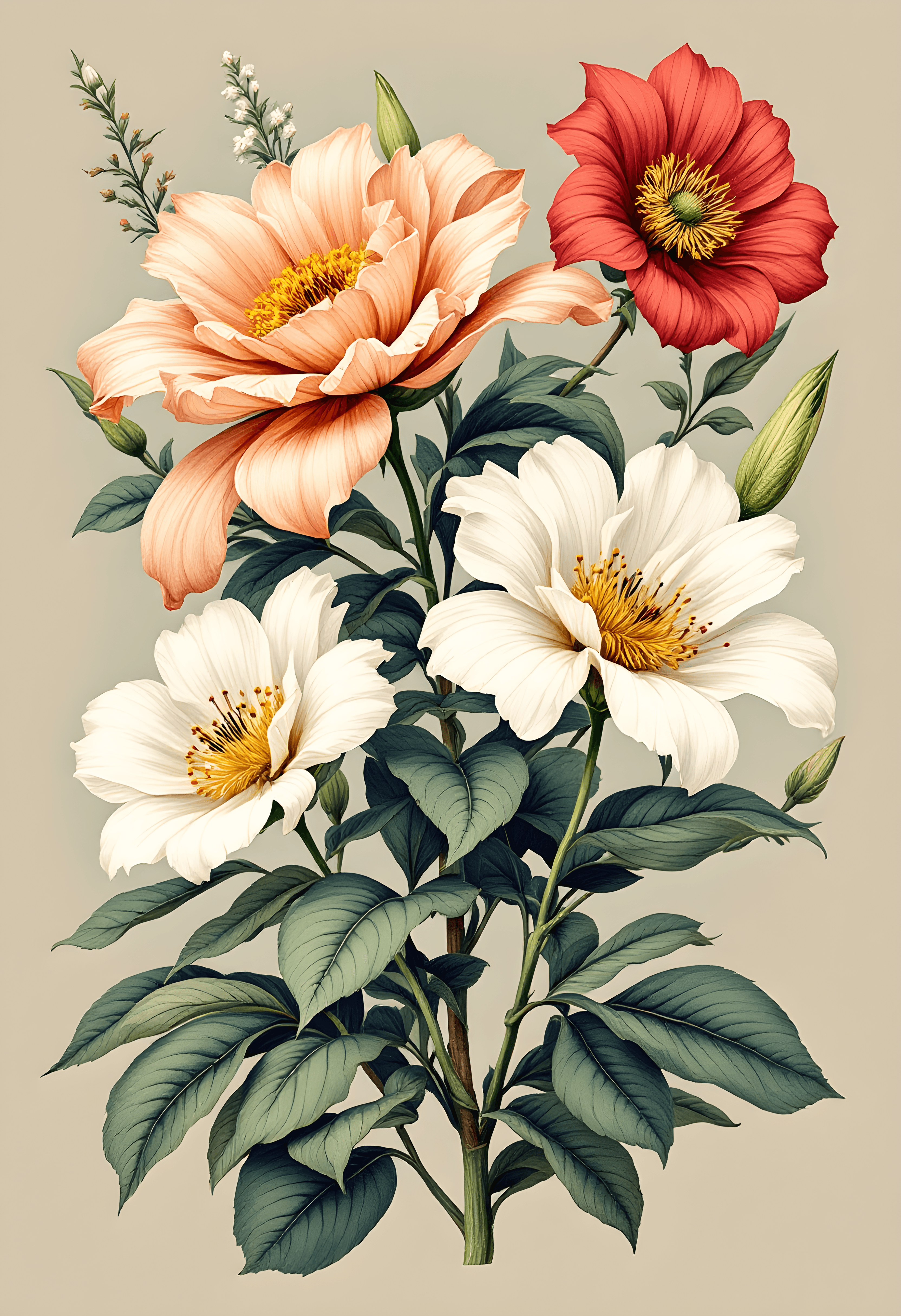 Vintage botanical illustration of exotic flowers
