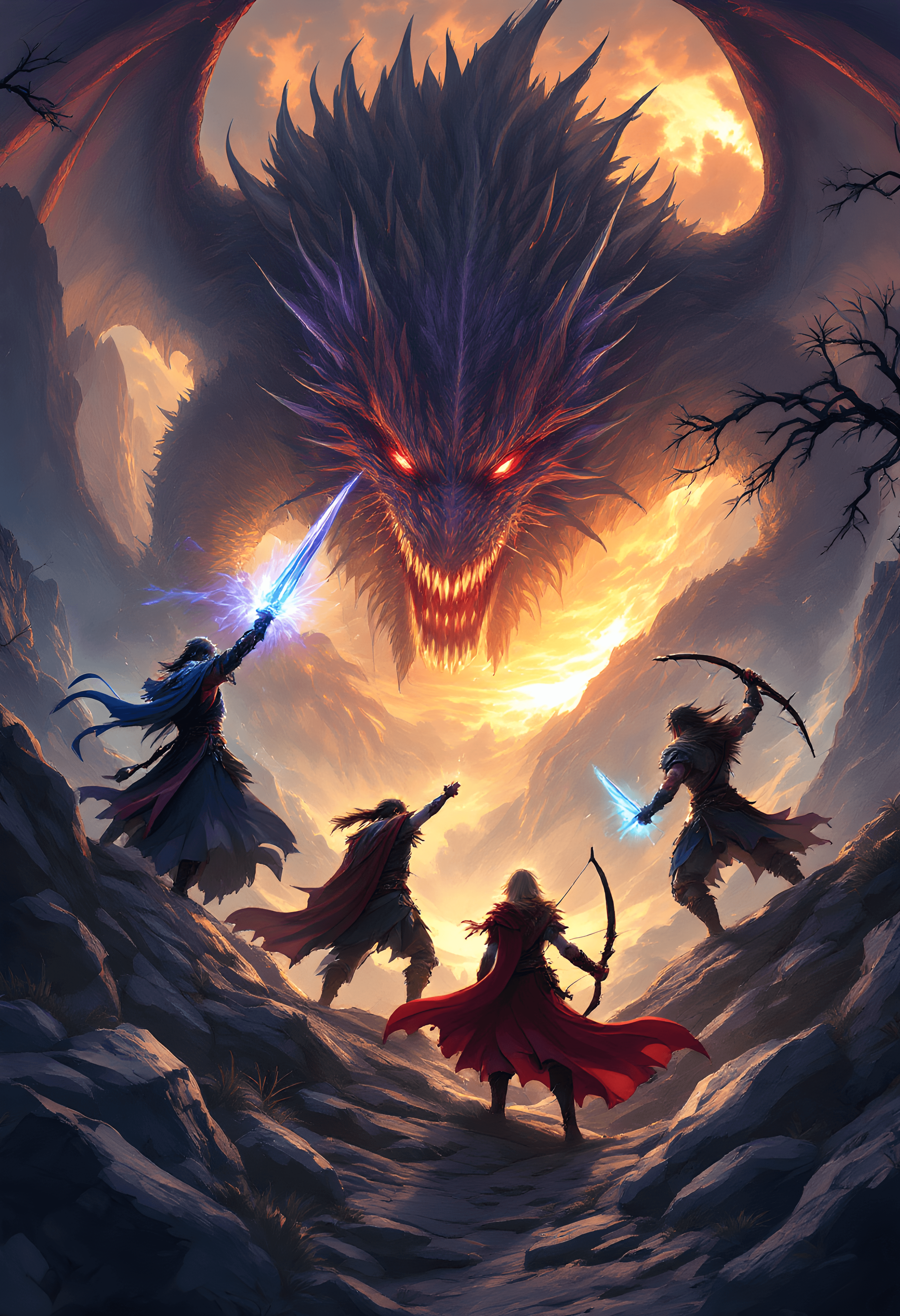 Epic fantasy adventure party facing a massive drag