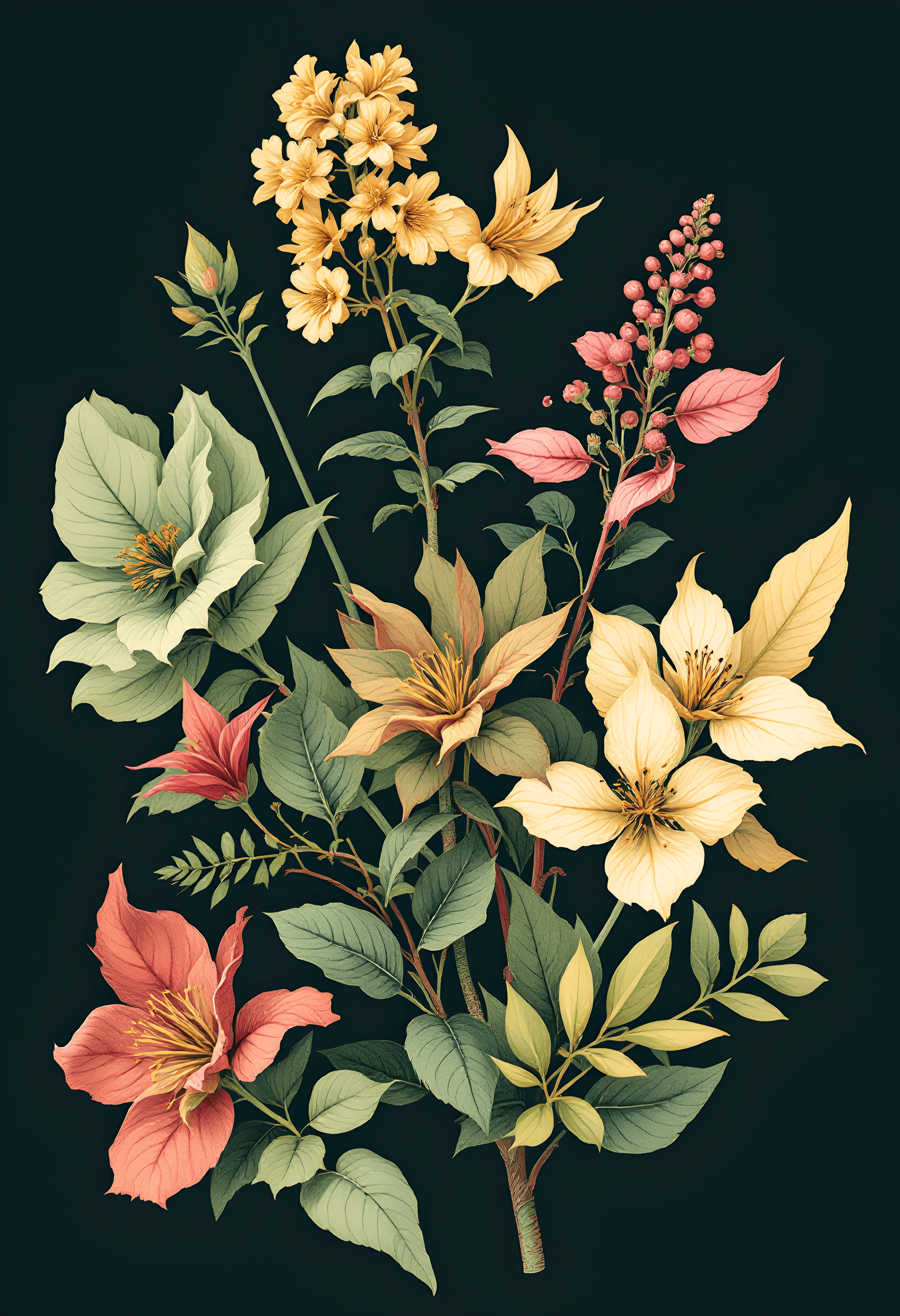 Vintage botanical illustration of exotic plants